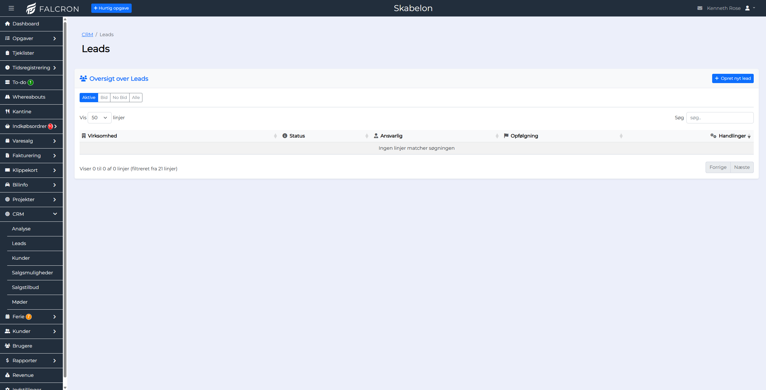 CRM oversigt i Falcron